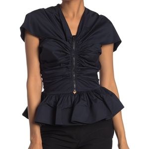 Take A Hint Navy Ruched Zip Front Shirt